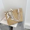 Large woven straw bag with silk scarf color: khaki