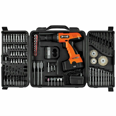 18V cordless drill with bits, case and accessories