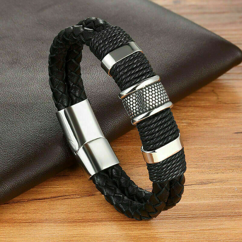 Black Braided Leather Silver Stainless Steel Bracelet