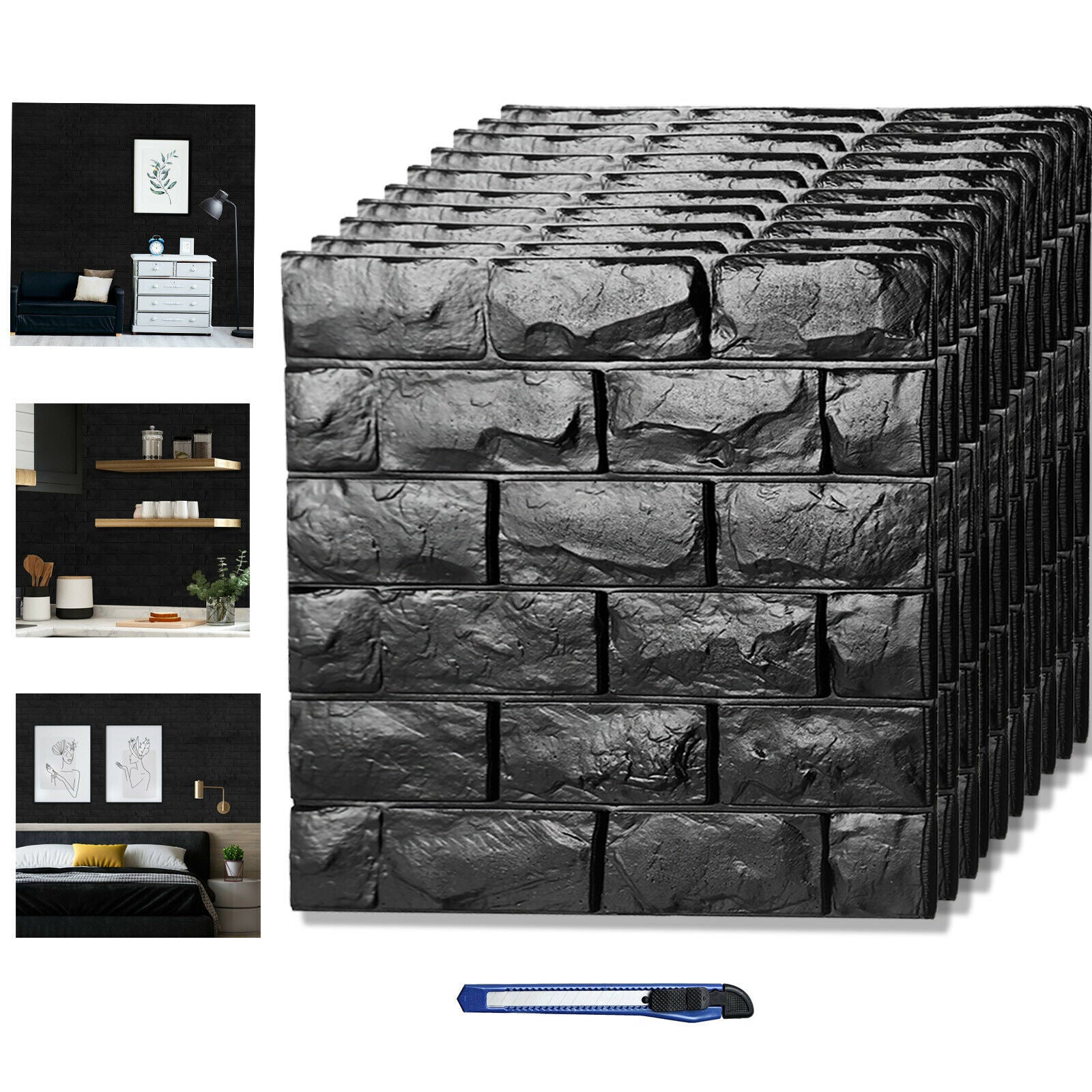 11 Pcs 3D Black Brick Wallpaper Wall Panels