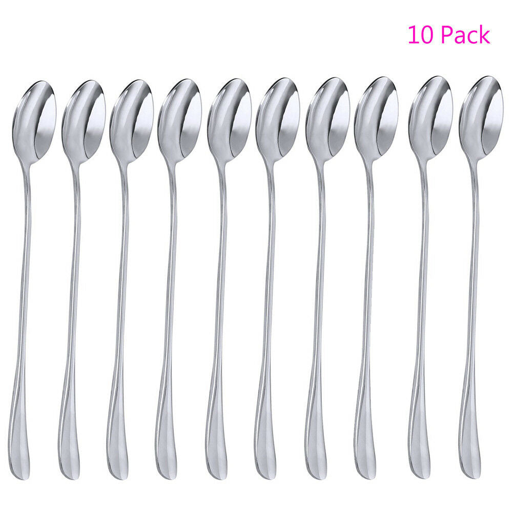 Set of 10 stainless steel spoons, long handle - oval