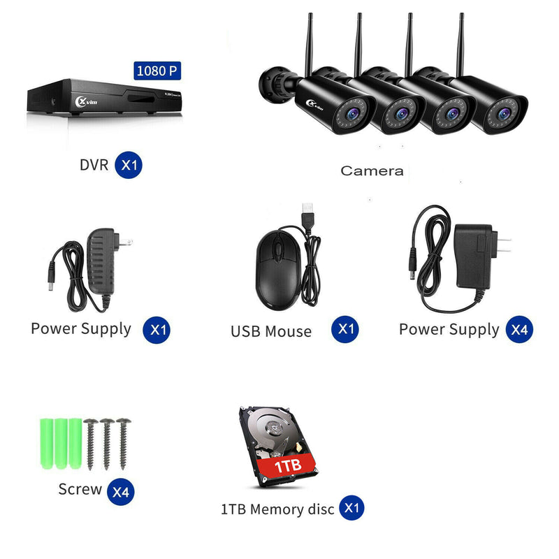 8CH Wireless Security Camera System, 4 cameras+NVR+1TB Hard Drive