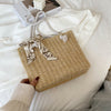 Large woven straw bag with silk scarf color: khaki