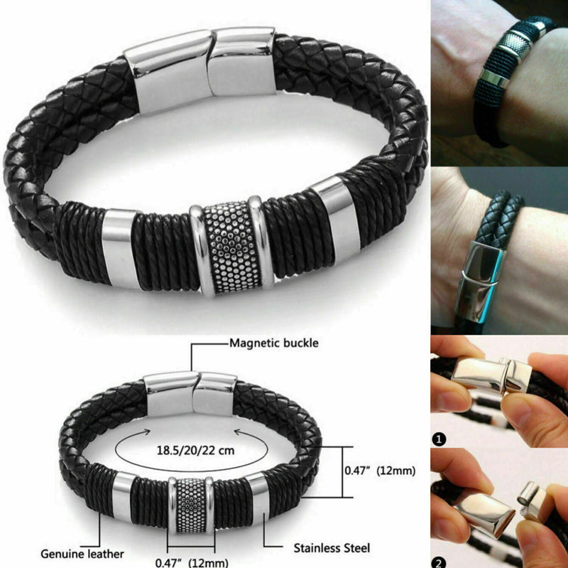 Black Braided Leather Silver Stainless Steel Bracelet